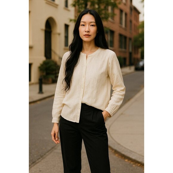 Croft & Barrow Womens XL White Gold Striped Textured Button-Front Blouse - Picture 9 of 16